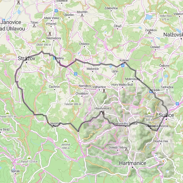 Karten-Miniaturansicht der Radinspiration "Rund um Sušice entlang der Straße" in Jihozápad, Czech Republic. Erstellt vom Tarmacs.app-Routenplaner für Radtouren