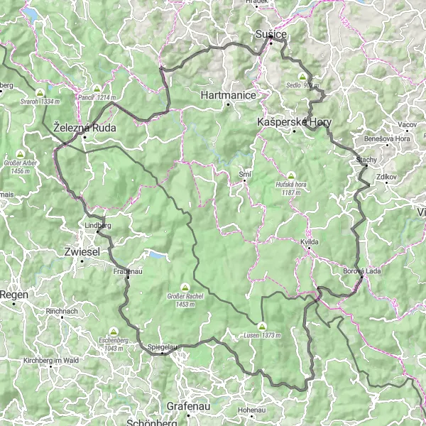 Miniaturní mapa "Cyklostezky kolem Sušice a Železné Rudy" inspirace pro cyklisty v oblasti Jihozápad, Czech Republic. Vytvořeno pomocí plánovače tras Tarmacs.app