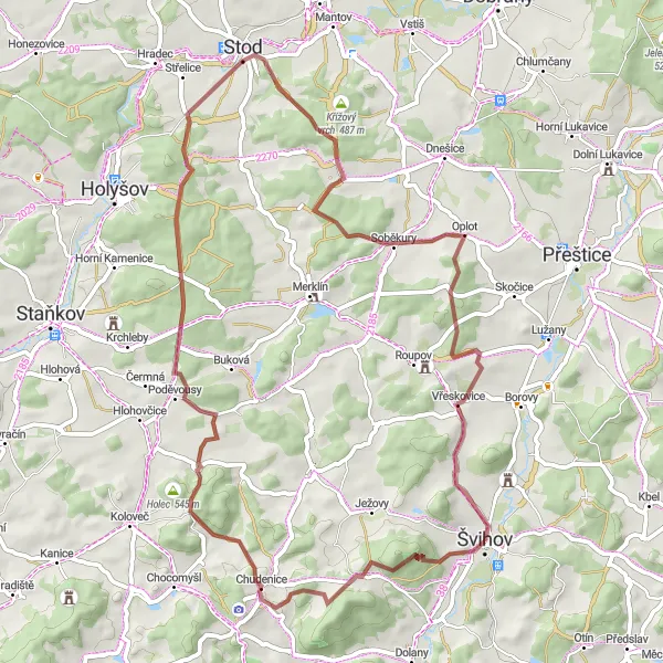 Miniaturní mapa "Gravel trasa kolem Švihova" inspirace pro cyklisty v oblasti Jihozápad, Czech Republic. Vytvořeno pomocí plánovače tras Tarmacs.app