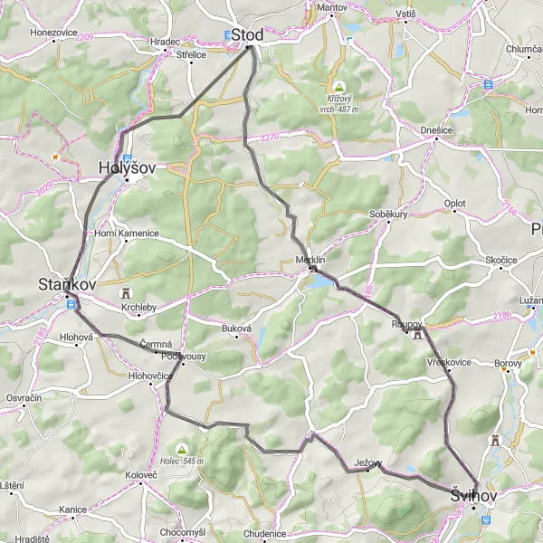 Miniaturní mapa "Road cycling through charming villages of Jihozápad" inspirace pro cyklisty v oblasti Jihozápad, Czech Republic. Vytvořeno pomocí plánovače tras Tarmacs.app