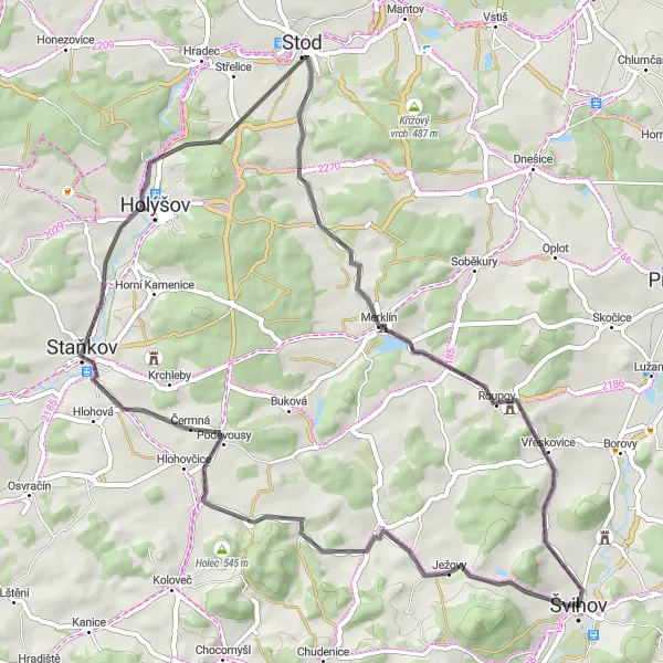 Mapa miniatúra "Zaujímavá cesta od Ježov po Merklín" cyklistická inšpirácia v Jihozápad, Czech Republic. Vygenerované cyklistickým plánovačom trás Tarmacs.app