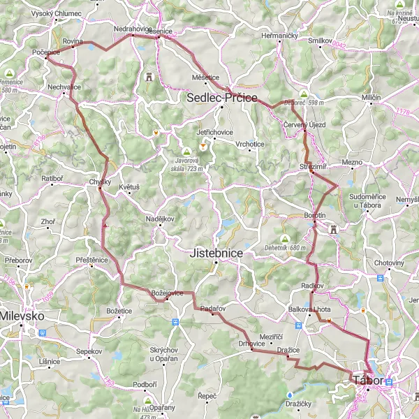 Miniaturní mapa "Gravel okruh přes Červený Újezd a Vyhlídku u altánku" inspirace pro cyklisty v oblasti Jihozápad, Czech Republic. Vytvořeno pomocí plánovače tras Tarmacs.app