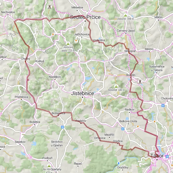 Map miniature of "Hidden Gems Gravel Route" cycling inspiration in Jihozápad, Czech Republic. Generated by Tarmacs.app cycling route planner