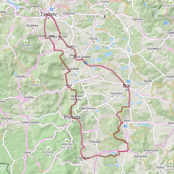 Mapa miniatúra "Gravel Tour Around Tachov" cyklistická inšpirácia v Jihozápad, Czech Republic. Vygenerované cyklistickým plánovačom trás Tarmacs.app