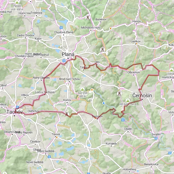 Map miniature of "Tachov to Křínov Round-trip" cycling inspiration in Jihozápad, Czech Republic. Generated by Tarmacs.app cycling route planner