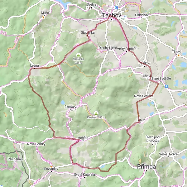 Mapa miniatúra "Gravelový okruh kolem Tachova" cyklistická inšpirácia v Jihozápad, Czech Republic. Vygenerované cyklistickým plánovačom trás Tarmacs.app