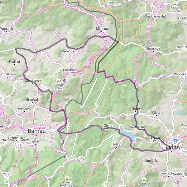 Karten-Miniaturansicht der Radinspiration "Grenzgebiet Rundtour" in Jihozápad, Czech Republic. Erstellt vom Tarmacs.app-Routenplaner für Radtouren