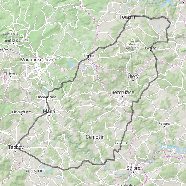 Mapa miniatúra "Okruh kolem Tachova" cyklistická inšpirácia v Jihozápad, Czech Republic. Vygenerované cyklistickým plánovačom trás Tarmacs.app