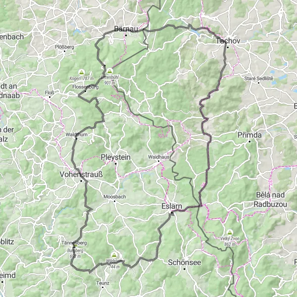 Map miniature of "Tachov to Obora Round-trip" cycling inspiration in Jihozápad, Czech Republic. Generated by Tarmacs.app cycling route planner