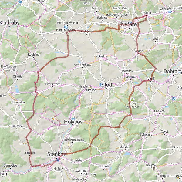 Mapa miniatúra "Gravel Route around Tlučná" cyklistická inšpirácia v Jihozápad, Czech Republic. Vygenerované cyklistickým plánovačom trás Tarmacs.app