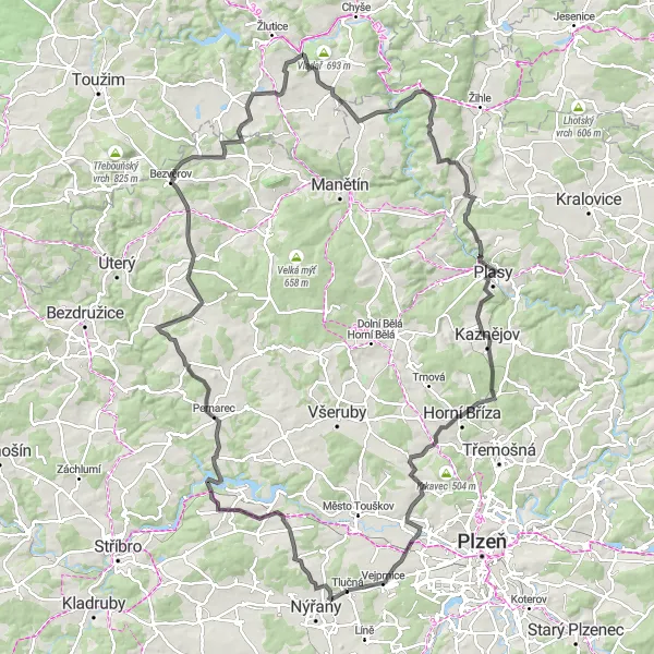 Mapa miniatúra "Náročná cyklocesta okolo Tlučnej" cyklistická inšpirácia v Jihozápad, Czech Republic. Vygenerované cyklistickým plánovačom trás Tarmacs.app