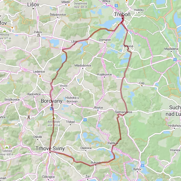 Karten-Miniaturansicht der Radinspiration "Borovanský Hügel Rundfahrt" in Jihozápad, Czech Republic. Erstellt vom Tarmacs.app-Routenplaner für Radtouren