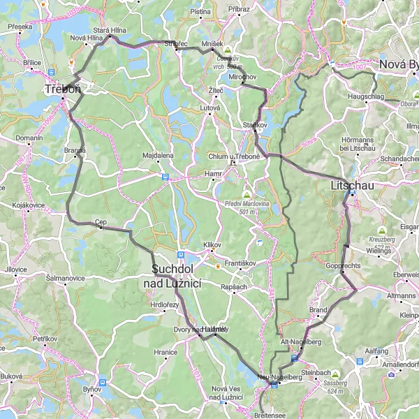 Karten-Miniaturansicht der Radinspiration "Rundfahrt von Třeboň: Schönau und Teichberg" in Jihozápad, Czech Republic. Erstellt vom Tarmacs.app-Routenplaner für Radtouren