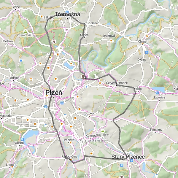 Miniaturní mapa "Okružní cyklistická trasa Třemošná - Třemošná" inspirace pro cyklisty v oblasti Jihozápad, Czech Republic. Vytvořeno pomocí plánovače tras Tarmacs.app