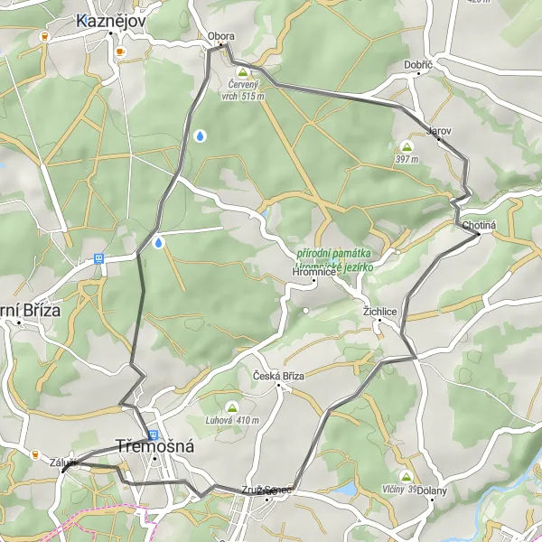 Miniaturní mapa "Okružní cyklistická trasa Třemošná - Třemošná" inspirace pro cyklisty v oblasti Jihozápad, Czech Republic. Vytvořeno pomocí plánovače tras Tarmacs.app