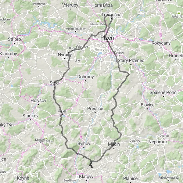Miniaturní mapa "Okružní cyklistická trasa Třemošná - Třemošná" inspirace pro cyklisty v oblasti Jihozápad, Czech Republic. Vytvořeno pomocí plánovače tras Tarmacs.app