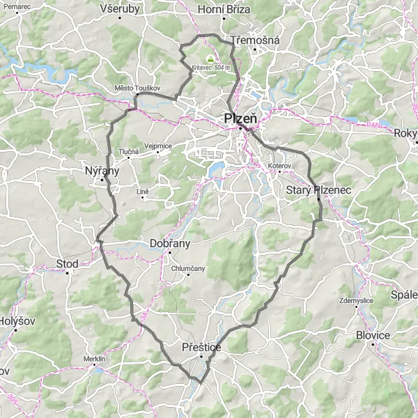 Miniaturní mapa "Okružní cyklotrasa přes Božkov a Příšov" inspirace pro cyklisty v oblasti Jihozápad, Czech Republic. Vytvořeno pomocí plánovače tras Tarmacs.app