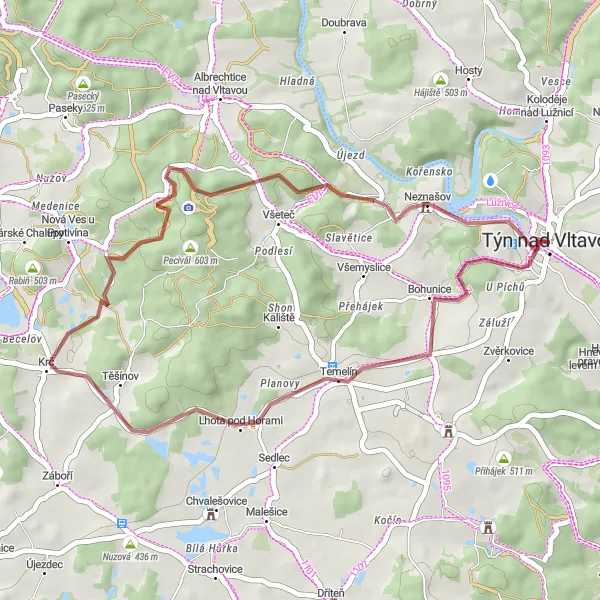 Map miniature of "Cycling Route around Týn nad Vltavou (Gravel)" cycling inspiration in Jihozápad, Czech Republic. Generated by Tarmacs.app cycling route planner