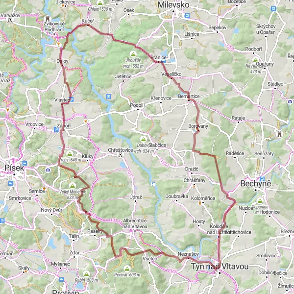 Miniaturní mapa "Gravelová trasa kolem Týna nad Vltavou - výzva pro dobrodruhy" inspirace pro cyklisty v oblasti Jihozápad, Czech Republic. Vytvořeno pomocí plánovače tras Tarmacs.app