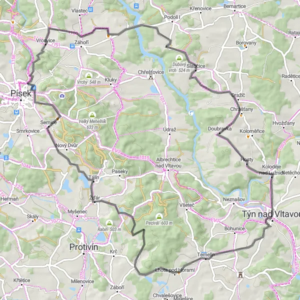 Map miniature of "Challenging Road Cycling Route near Týn nad Vltavou" cycling inspiration in Jihozápad, Czech Republic. Generated by Tarmacs.app cycling route planner