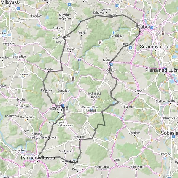 Map miniature of "Ambitious Road Cycling Route near Týn nad Vltavou" cycling inspiration in Jihozápad, Czech Republic. Generated by Tarmacs.app cycling route planner