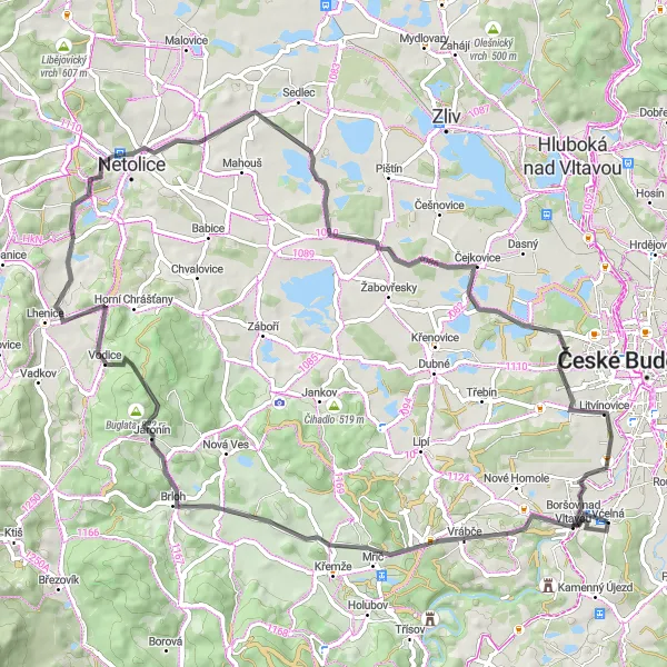 Map miniature of "Včelná - Boršov nad Vltavou - Chlumečský vrch - Stržíšek - Hrbov - Mužský - Malé Chrášťany - Šindlovy Dvory" cycling inspiration in Jihozápad, Czech Republic. Generated by Tarmacs.app cycling route planner