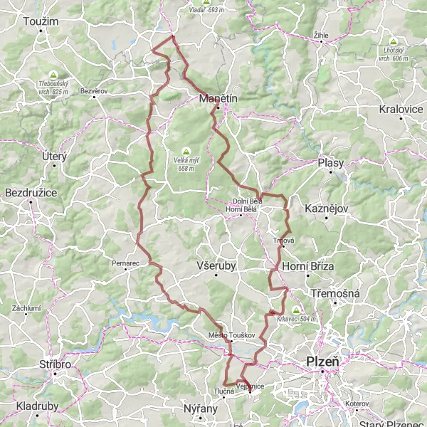 Mapa miniatúra "Od Lipna k Vejprnicím" cyklistická inšpirácia v Jihozápad, Czech Republic. Vygenerované cyklistickým plánovačom trás Tarmacs.app