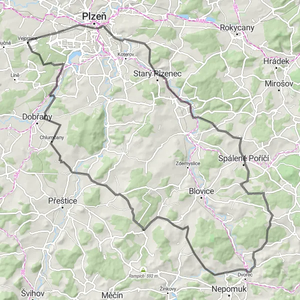 Mapa miniatúra "Grand okruh kolem Vejprnic" cyklistická inšpirácia v Jihozápad, Czech Republic. Vygenerované cyklistickým plánovačom trás Tarmacs.app