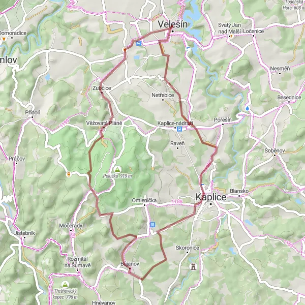 Miniaturní mapa "Gravel Road to Velešín" inspirace pro cyklisty v oblasti Jihozápad, Czech Republic. Vytvořeno pomocí plánovače tras Tarmacs.app