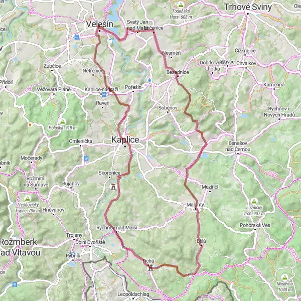 Karten-Miniaturansicht der Radinspiration "Gravel-Tour von Velešín nach Chodeč und zurück" in Jihozápad, Czech Republic. Erstellt vom Tarmacs.app-Routenplaner für Radtouren