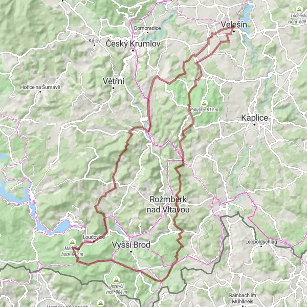 Map miniature of "The Rolling Hills of Velešín" cycling inspiration in Jihozápad, Czech Republic. Generated by Tarmacs.app cycling route planner