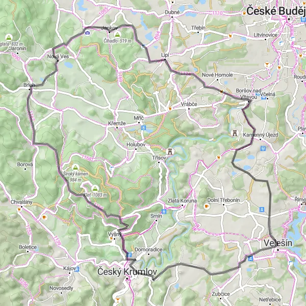 Mapa miniatúra "Okruh s výhľadmi na Velešín" cyklistická inšpirácia v Jihozápad, Czech Republic. Vygenerované cyklistickým plánovačom trás Tarmacs.app