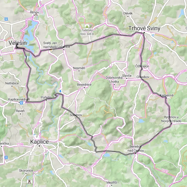 Mapa miniatúra "Cyklotrasa Velešín - Něchov - Boršíkov - Rychnov u Nových Hradů - Krásná hora - Rozpoutí - Velešín" cyklistická inšpirácia v Jihozápad, Czech Republic. Vygenerované cyklistickým plánovačom trás Tarmacs.app