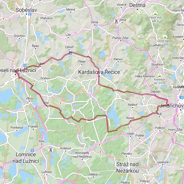 Miniaturní mapa "Gravelový kruh kolem malebných míst" inspirace pro cyklisty v oblasti Jihozápad, Czech Republic. Vytvořeno pomocí plánovače tras Tarmacs.app