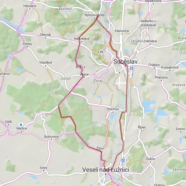 Map miniature of "Veselí nad Lužnicí Loop" cycling inspiration in Jihozápad, Czech Republic. Generated by Tarmacs.app cycling route planner