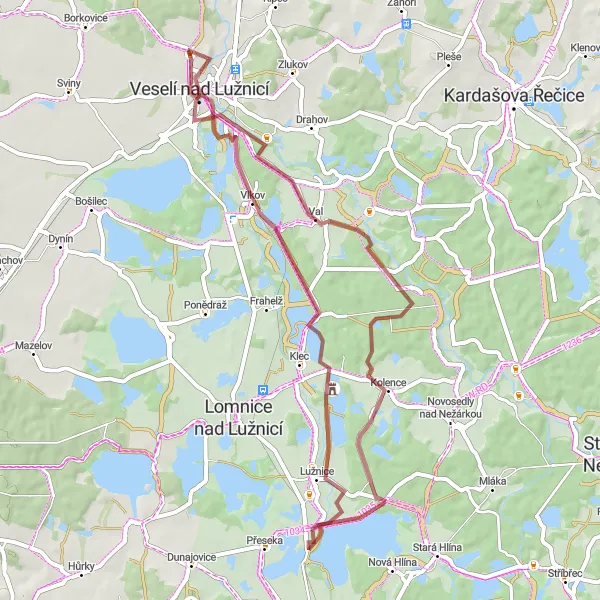 Miniaturní mapa "Gravelová výzva v Jihozápadu" inspirace pro cyklisty v oblasti Jihozápad, Czech Republic. Vytvořeno pomocí plánovače tras Tarmacs.app