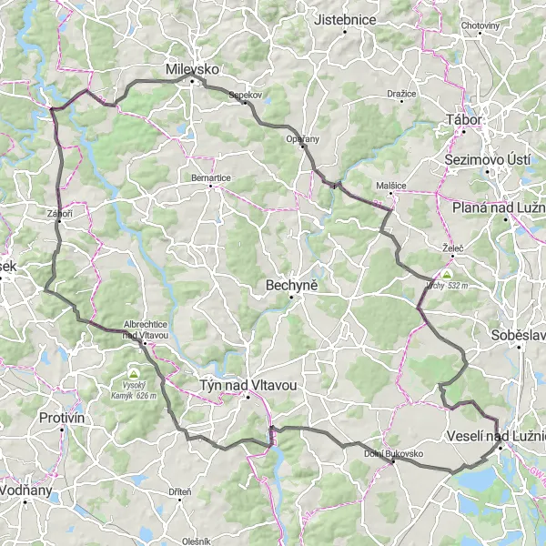 Miniaturní mapa "Okružní cesta kolem Veselí nad Lužnicí" inspirace pro cyklisty v oblasti Jihozápad, Czech Republic. Vytvořeno pomocí plánovače tras Tarmacs.app