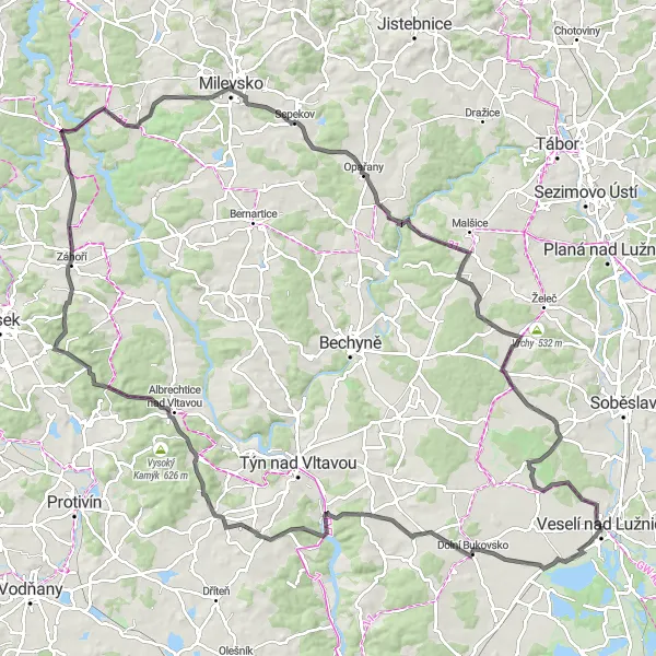 Mapa miniatúra "Okolo Veselí nad Lužnicí a přírodních krás Jihozápadu" cyklistická inšpirácia v Jihozápad, Czech Republic. Vygenerované cyklistickým plánovačom trás Tarmacs.app