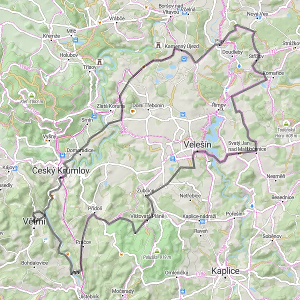 Mapa miniatúra "Road Route Křížová hora - Opalice - Němče" cyklistická inšpirácia v Jihozápad, Czech Republic. Vygenerované cyklistickým plánovačom trás Tarmacs.app