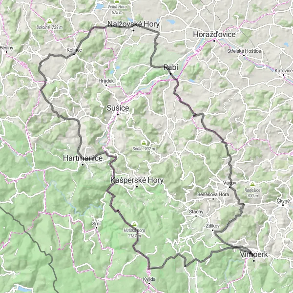 Miniaturní mapa "Okruh kolem Vimperka a Nových Hutí" inspirace pro cyklisty v oblasti Jihozápad, Czech Republic. Vytvořeno pomocí plánovače tras Tarmacs.app