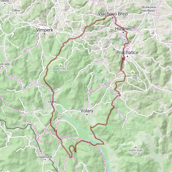 Miniaturní mapa "Okruh kolem Vlachova Březí" inspirace pro cyklisty v oblasti Jihozápad, Czech Republic. Vytvořeno pomocí plánovače tras Tarmacs.app