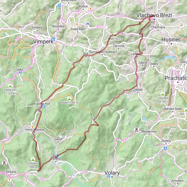 Map miniature of "Vlachovo Březí Gravel Adventure" cycling inspiration in Jihozápad, Czech Republic. Generated by Tarmacs.app cycling route planner