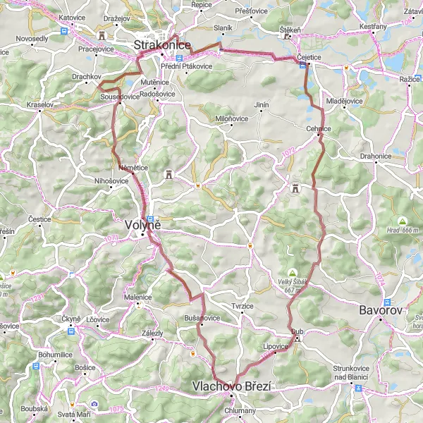 Miniaturní mapa "Skvělý výlet kolem Vlachova Březí" inspirace pro cyklisty v oblasti Jihozápad, Czech Republic. Vytvořeno pomocí plánovače tras Tarmacs.app