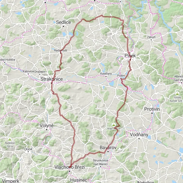 Miniaturní mapa "Gravelový okruh kolem Vlachova Březí" inspirace pro cyklisty v oblasti Jihozápad, Czech Republic. Vytvořeno pomocí plánovače tras Tarmacs.app