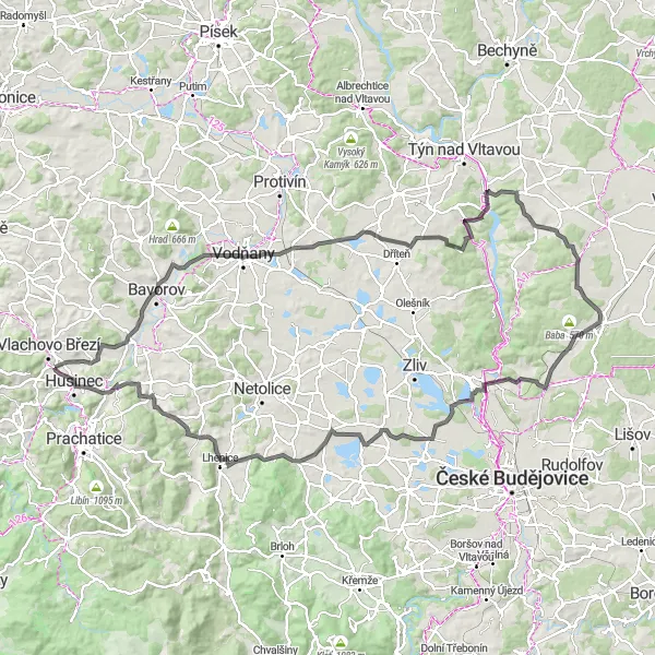 Mapa miniatúra "Ševětín Hill Road Cycling Challenge" cyklistická inšpirácia v Jihozápad, Czech Republic. Vygenerované cyklistickým plánovačom trás Tarmacs.app