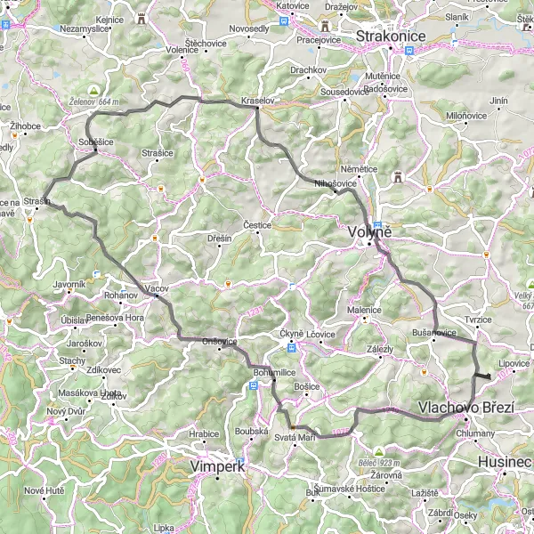 Map miniature of "Vlachovo Březí Road Cycling" cycling inspiration in Jihozápad, Czech Republic. Generated by Tarmacs.app cycling route planner