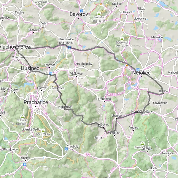 Map miniature of "Vlachovo Březí Grand Loop" cycling inspiration in Jihozápad, Czech Republic. Generated by Tarmacs.app cycling route planner