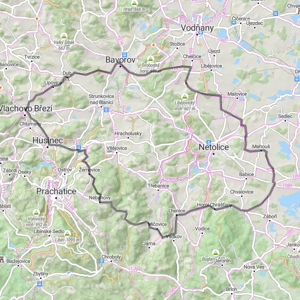 Map miniature of "Road Cycling Adventure near Vlachovo Březí" cycling inspiration in Jihozápad, Czech Republic. Generated by Tarmacs.app cycling route planner