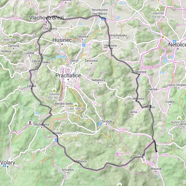 Mapa miniatúra "Ktišská hora Road Cycling Adventure" cyklistická inšpirácia v Jihozápad, Czech Republic. Vygenerované cyklistickým plánovačom trás Tarmacs.app