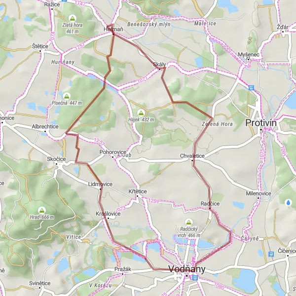 Mapa miniatúra "Gravel trasa cez Heřmaň a babku" cyklistická inšpirácia v Jihozápad, Czech Republic. Vygenerované cyklistickým plánovačom trás Tarmacs.app